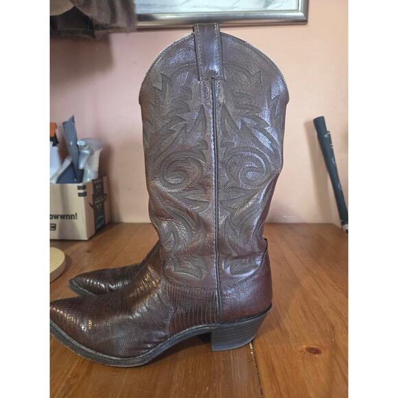 Justin Iguana Lizard And Leather Womens Cowboy Boots Chocolate Size 8B Roundtoe - Picture 3 of 7